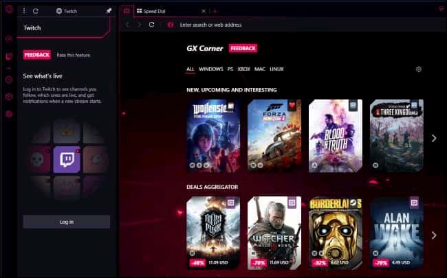 ميزة twitch في متصفح opera gx