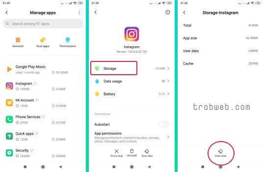 مسح ذاكرة التخزين المؤقت clear cache لتطبيق انستقرام