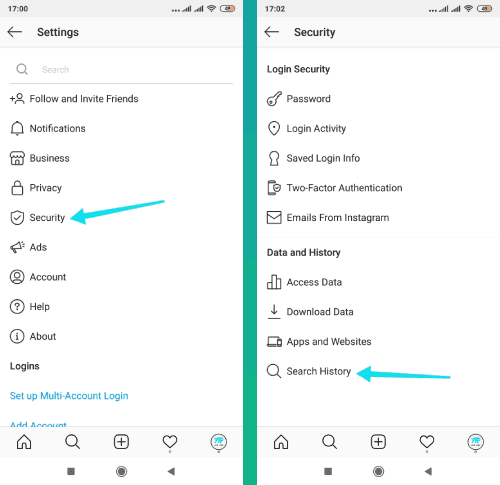 حذف سجلات البحث في انستقرام
