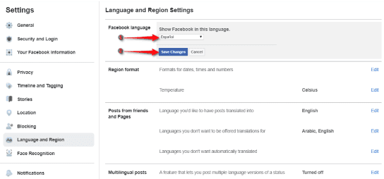 كيفية تغيير لغة استخدام حسابك فيسبوك