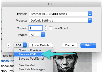 حفظ صفحة الويب كملف PDF في mozilla firefox على الماك