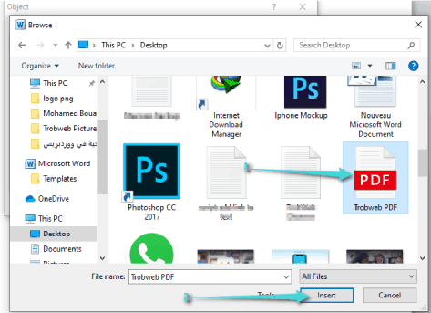 وضع ملف PDF في مستند وورد