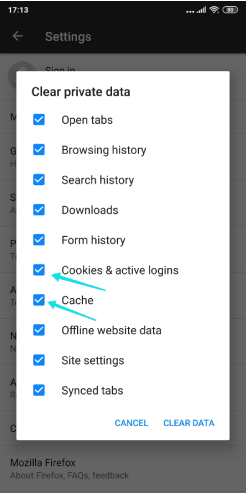 مسح ذاكرة التخزين المؤقت والكوكيز في فايرفوكس على الاندرويد