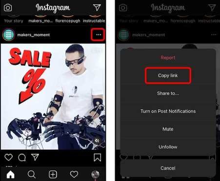 نسخ رابط فيديو على انستقرام لتنزيله