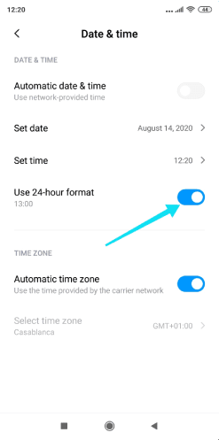 تمكين نمط 24 ساعة على الأندرويد