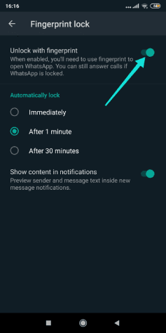 كيفية تمكين قفل بصمة الإصبع على whatsapp