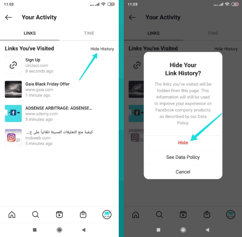 كيفية إخفاء روابط URL التي دخلت إليها عبر انستقرام من قسم النشاطات