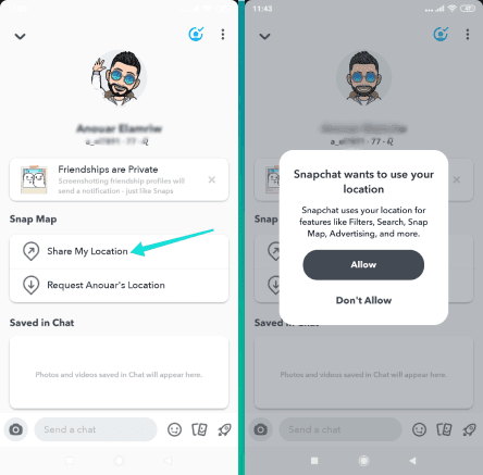 كيفية مشاركة موقعك على الخريطة مع صديقك على snapchat