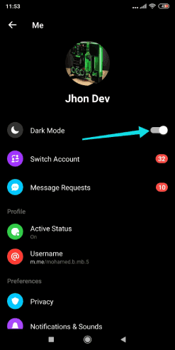 تحويل فيسبوك ماسنجر إلى الوضع الداكن