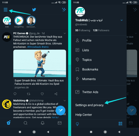 الإعدادات والخصوصية في تويتر