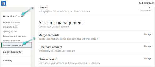 إعدادات إدارة الحساب على لينكد إن