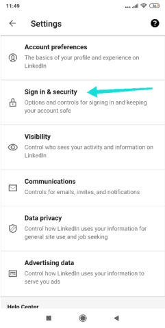 إعدادات تسجيل الدخول والأمان على Linkedin