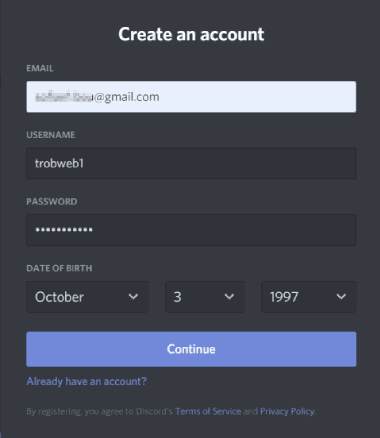 إنشاء حساب على discord