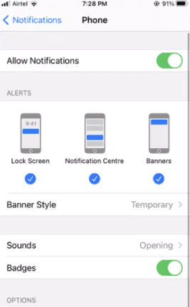 إعدادات إشعارات تطبيق الهاتف