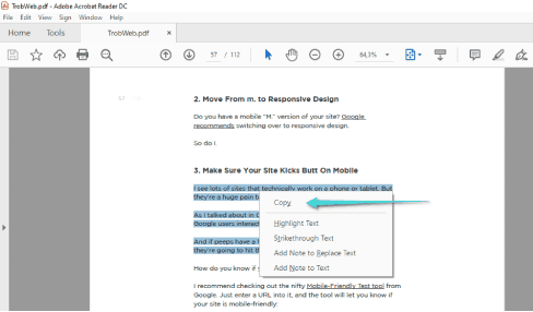 نسخ النص من ملف PDF عبر Acrobat Reader DC