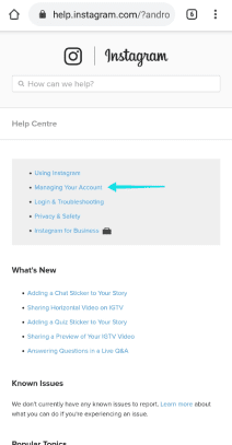 صفحة إدارة حساب انستقرام