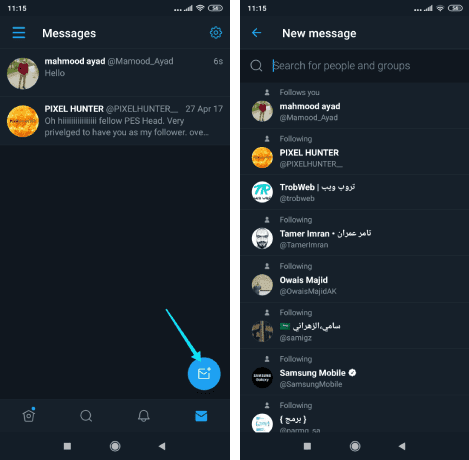 إرسال رسالة جديدة على الخاص عبر تطبيق Twitter