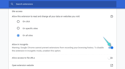 تمكين الإضافات في وضع التخفي لمتصفح google chrome
