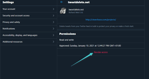إبطال الوصول إلى حسابك تويتر من تطبيقات