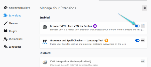 تعطيل إضافات firefox