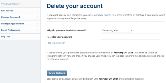 كيفية حذف حساب instagram عبر الويب على الكمبيوتر