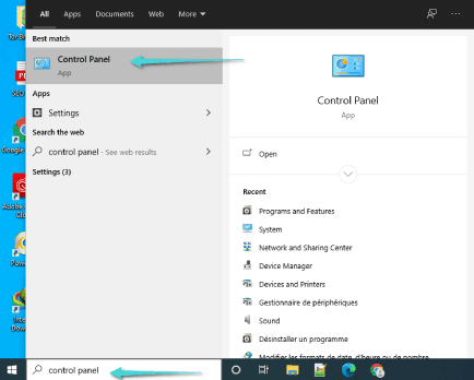 فتح لوحة التحكم من بحث ويندوز