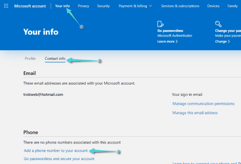 إضافة رقم الهاتف لحساب مايكروسوفت