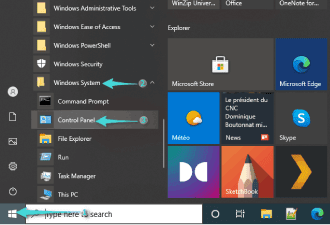 فتح control panel من خلال قائمة إبدأ