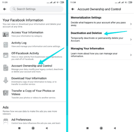 حذف حساب فيسبوك مؤقتاً عبر التطبيق