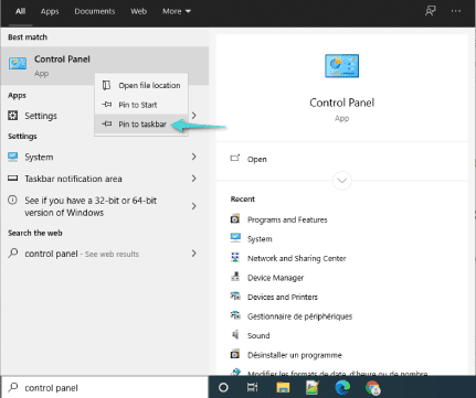 فتح لوحة التحكم من شريط المهام