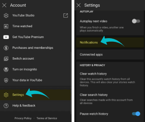 إعدادات الإشعارات على يوتيوب
