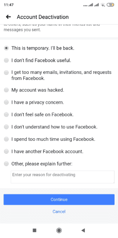 تحديد سبب حذف حساب فيسبوك مؤقتا عبر التطبيق