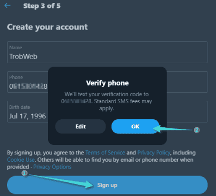 تأكيد إنشاء حساب تويتر عبر رسالة SMS