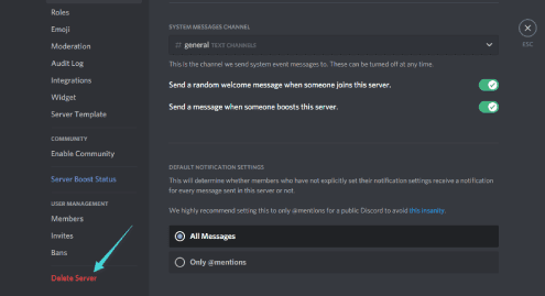 كيفية حذف سيرفر Discord
