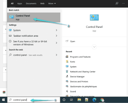 فتح Control panel على ويندوز 10