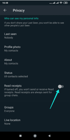 تعطيل قراءة الإيصالات في واتس اب
