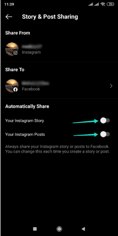 تعطيل النشر التلقائي لستوري ومنشورات انستقرام على فيسبوك