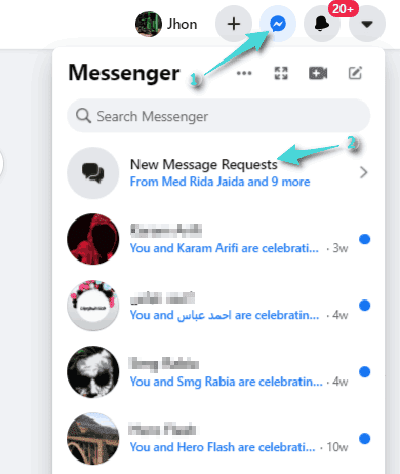 إيجاد طلبات المراسلة على موقع فيسبوك