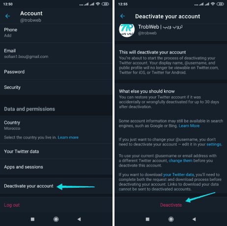 إلغاء تنشيط حسابك تويتر مؤقتاً