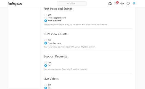 تخصيص إشعارات إنستقرام على الويب