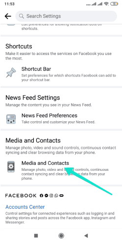 قسم الوسائط وجهات الاتصال على فيسبوك