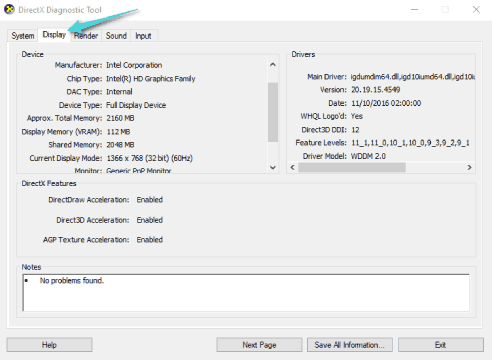 عرض مواصفات كارت الرسومات على الويندوز