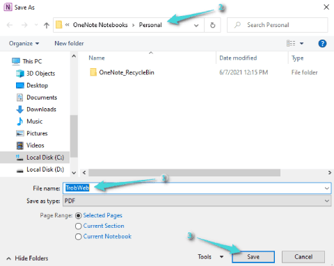 حفظ ملاحظات OneNote كملف PDF