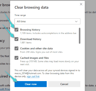 مسح بيانات التصفح في Microsoft Edge