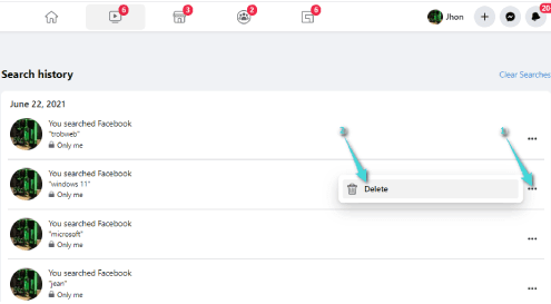 حذف ما بحث عنه في فيسبوك