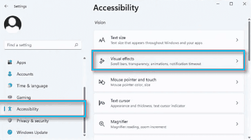 إعدادات التأثيرات المرئية على Windows 11