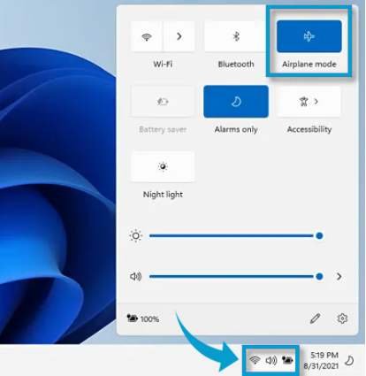 تمكين أو تعطيل وضع الطائرة من الإعدادات السريعة