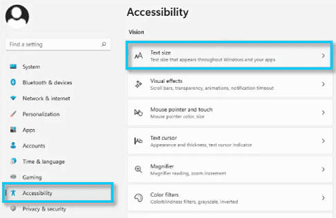 إعدادات حجم النص في Windows 11