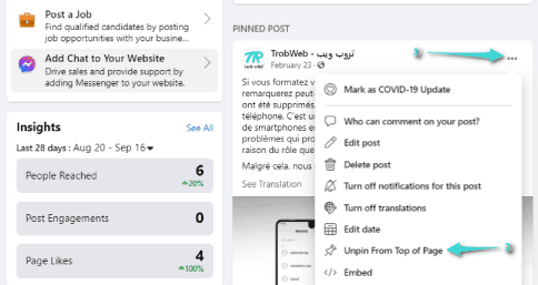 إلغاء تثبيت منشور في Facebook