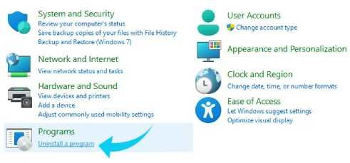 حذف البرامج عبر لوحة التحكم